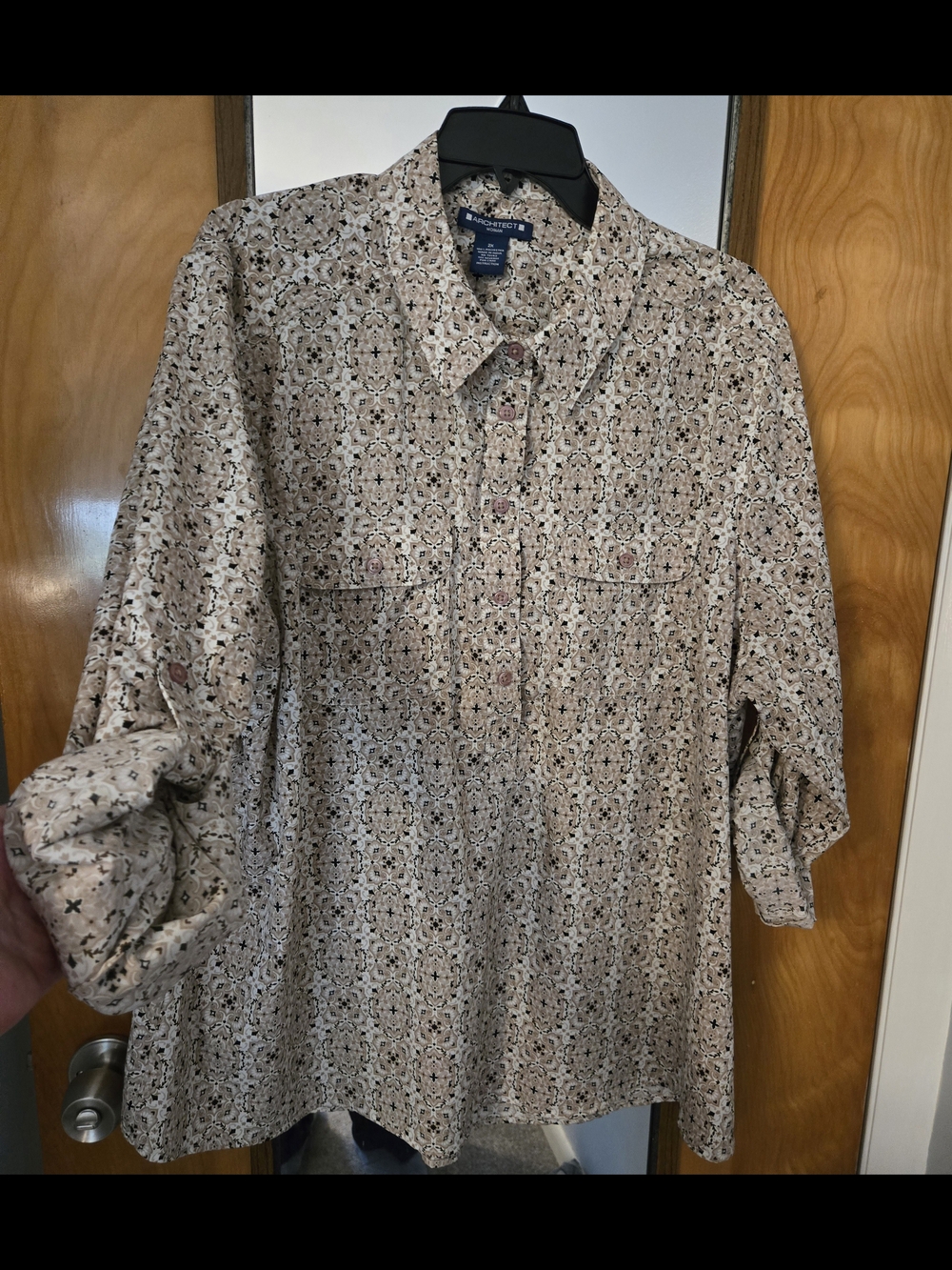 Architect Beige and Black Printed Button-Front Blouse